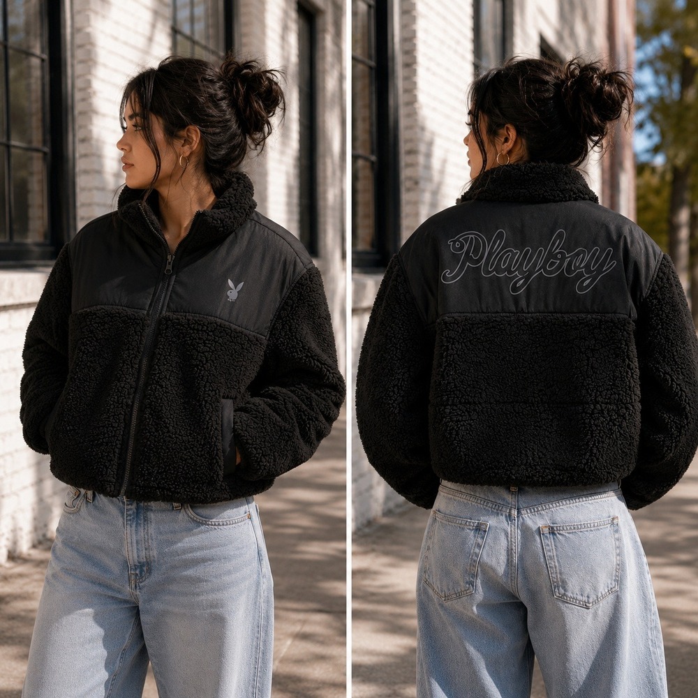 Playboy By PacSun Sherpa Jacket XS/S Black Teddy Fleece Bunny Logo Coat